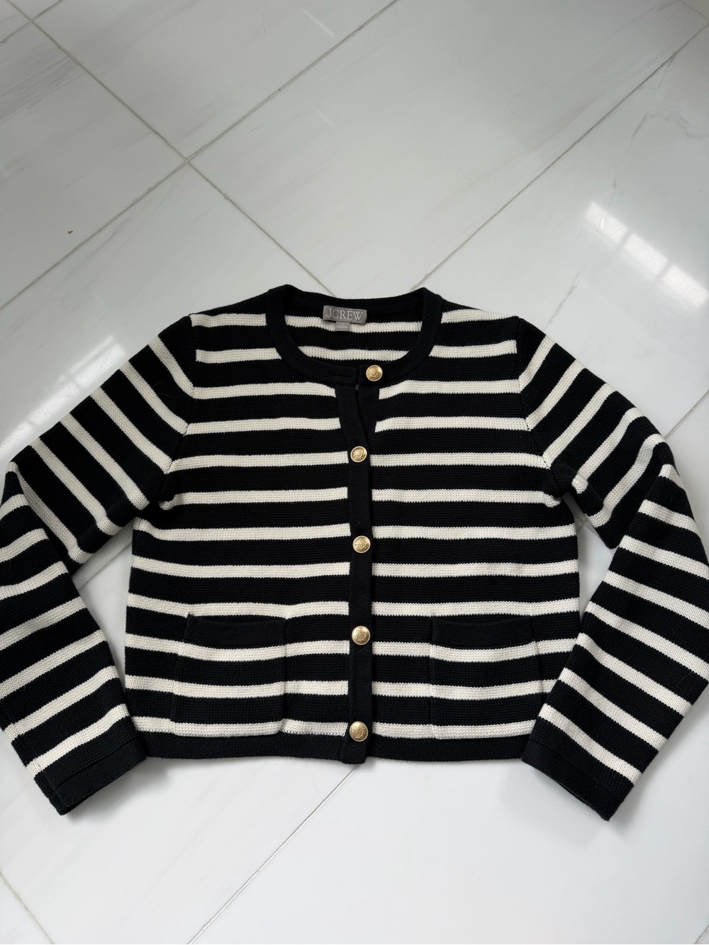 J. Crew Girls' Black and White Striped Knit Cardigan with Gold Buttons